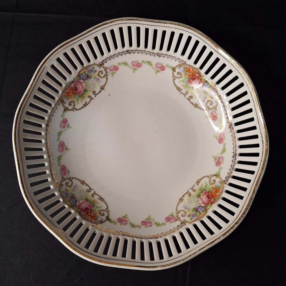 Vintage Bavaria Porcelain Reticulated Bowl Floral Pink Rose Gold Trim 9.25‎ Inch